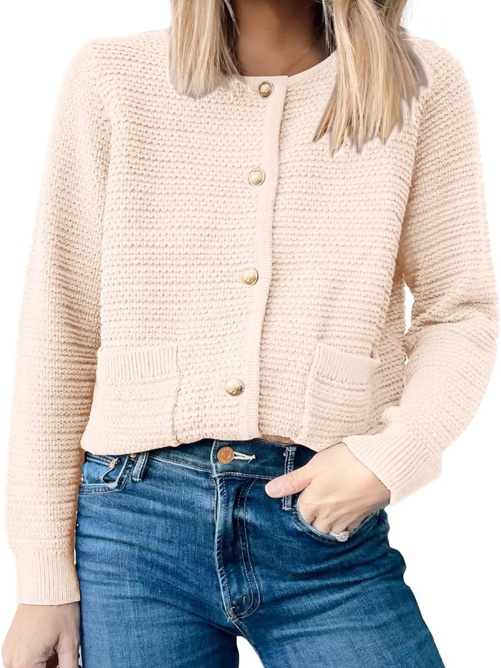 Cream Textured Button-Front Knit Cardigan